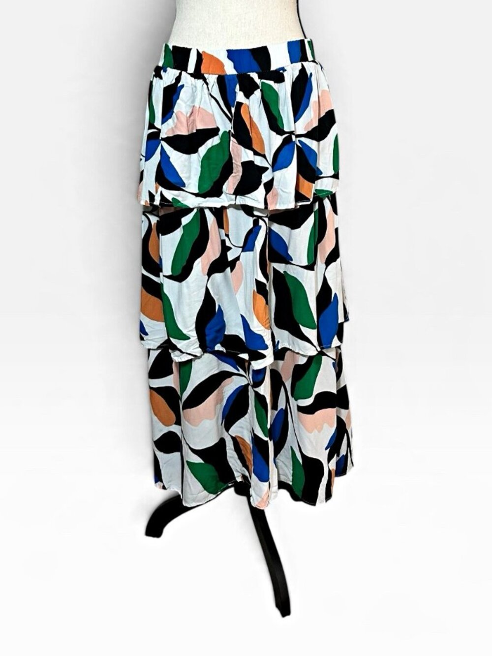 ELOQUII Skirt Women’s 14 Tiered Midi White Blue Abstract Floral Leaf Ruffle